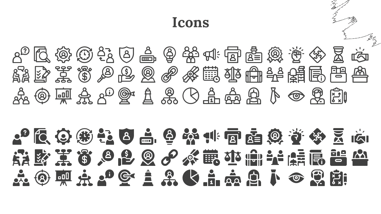 Icons in a grid layout on a white background, featuring black outlines and solid filled abstract designs.