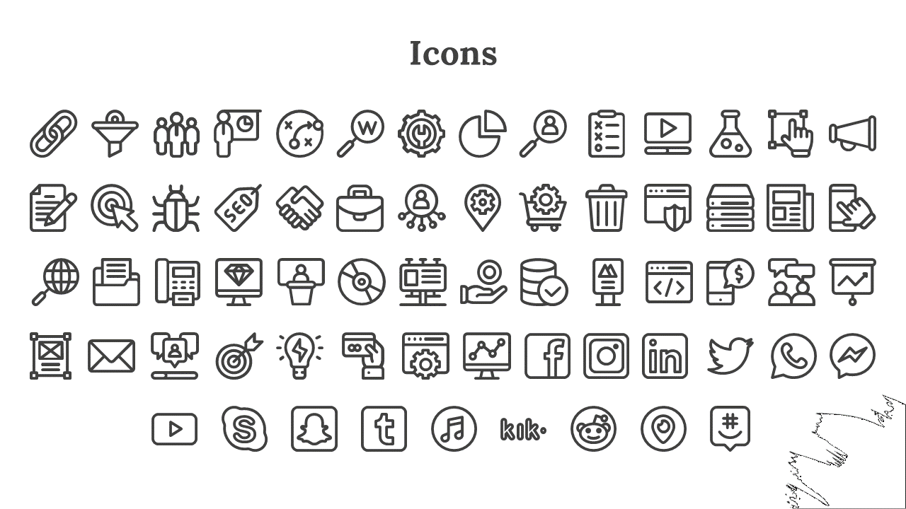 Grid of outlined icons including tools, social media, business, and tech symbols like magnifying glass, settings, and phone.