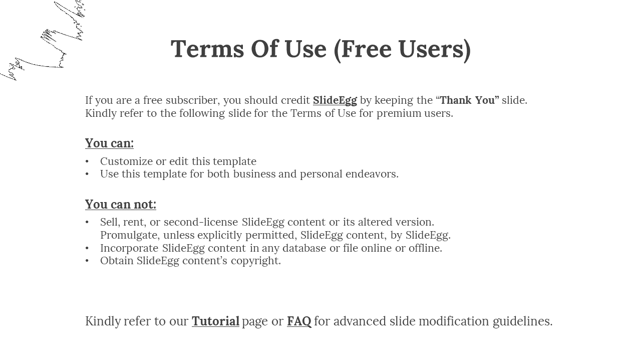 Terms for free users slide with instructions on customization, usage rights, and restrictions on redistribution.