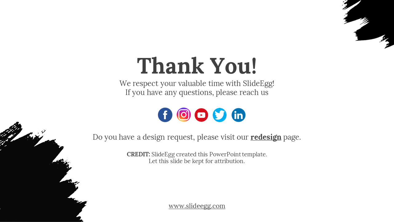 White background with black brushstroke accents, social media icons below, and credit at the bottom.