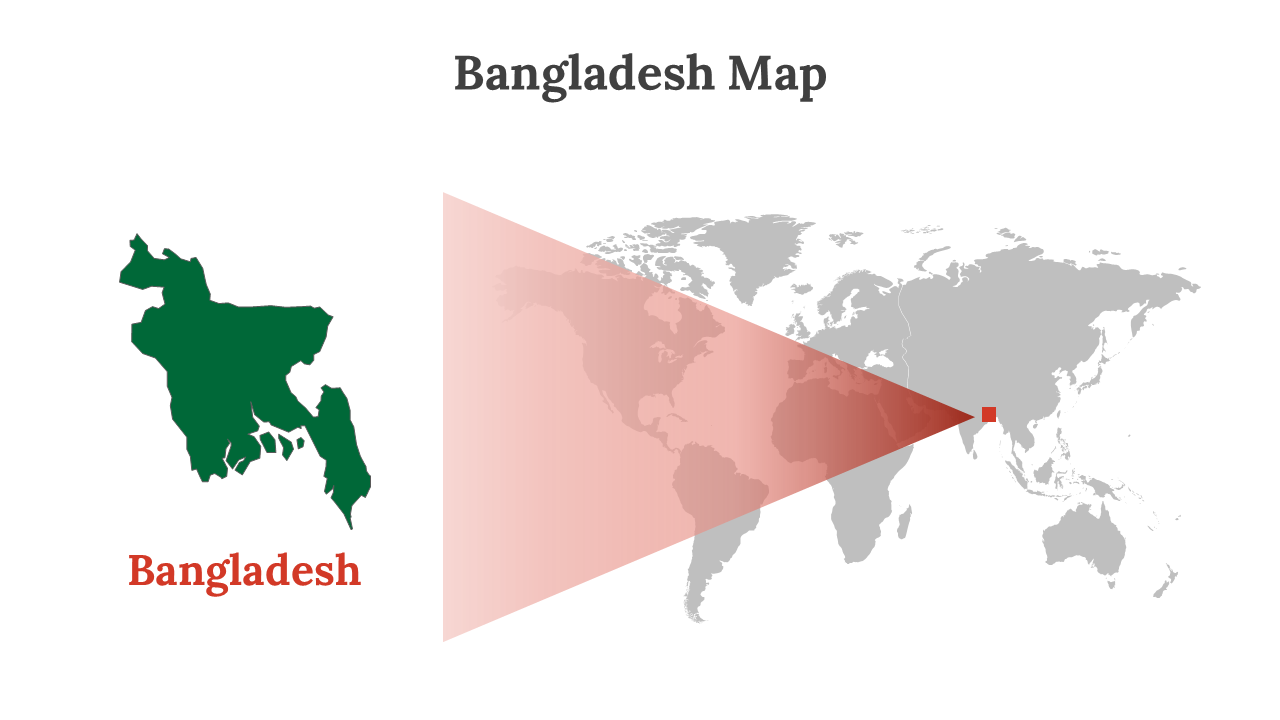 Map of Bangladesh in green, next to a world map with a red triangular highlight pointing in South Asia.