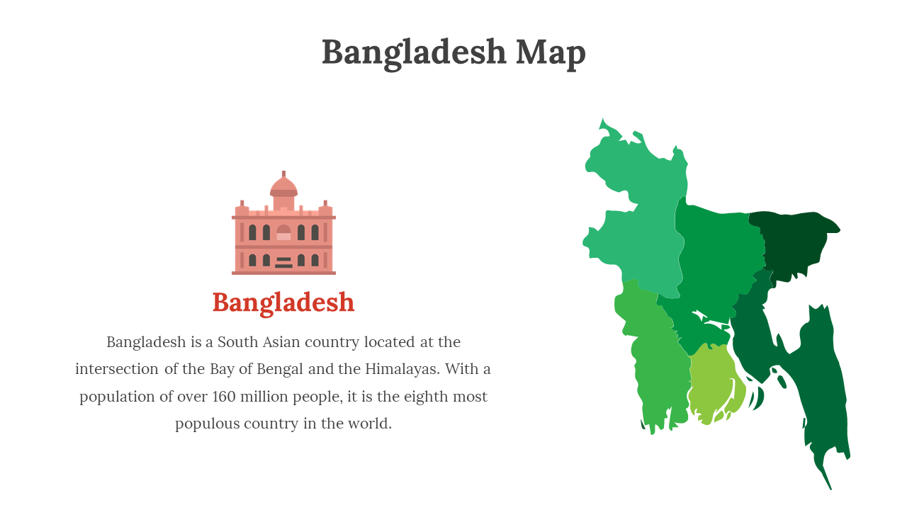 Map of Bangladesh in varying green shades, with a red building icon representing the country, and a description below.