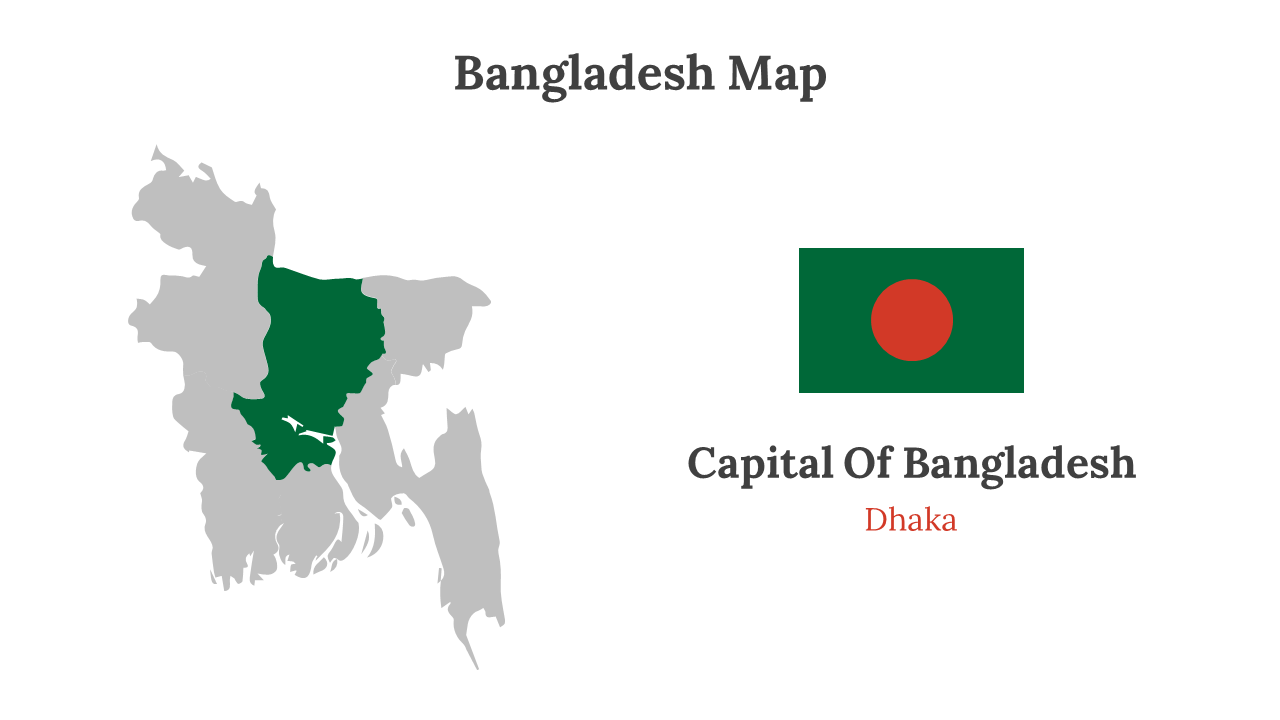 Gray Bangladesh map with Dhaka highlighted in green, next to the flag and a label for the capital city below.