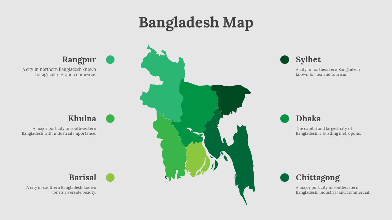 Map of Bangladesh with six regions highlighted in various green shades, and corresponding city labels on both sides.