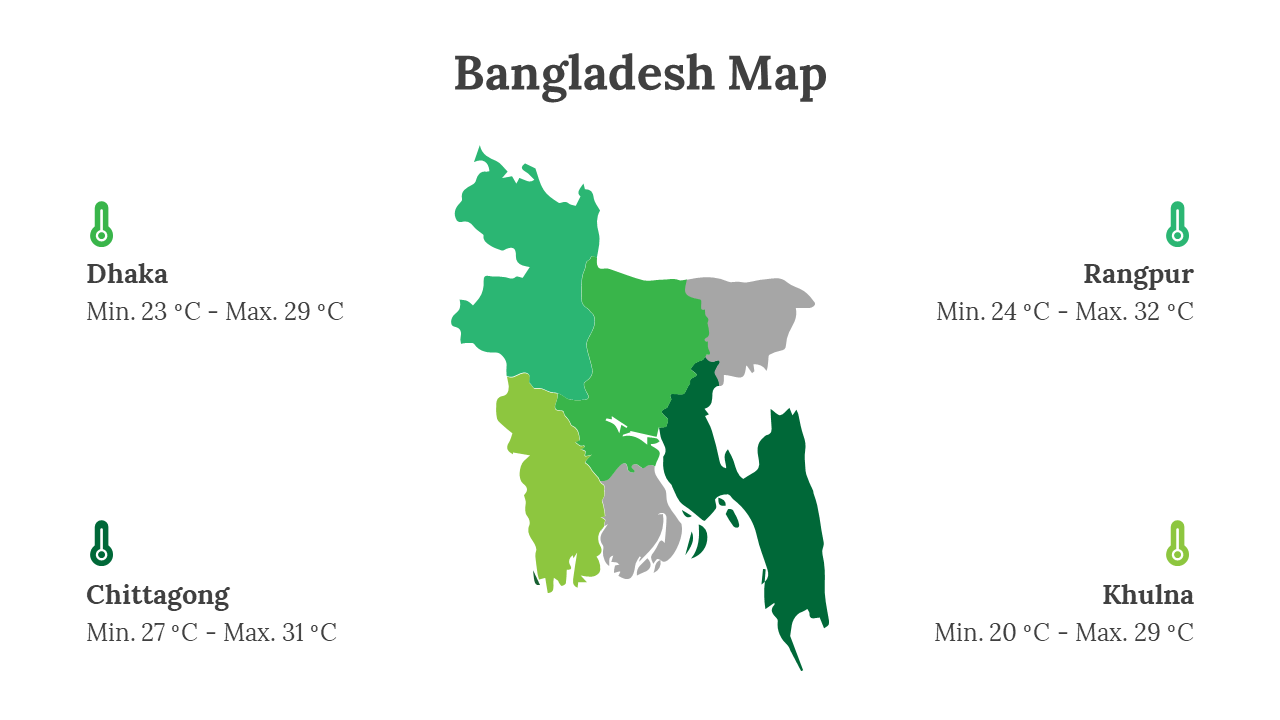 Bangladesh map in gray, with four cities highlighted in green shades, with temperature details and thermometer icons.