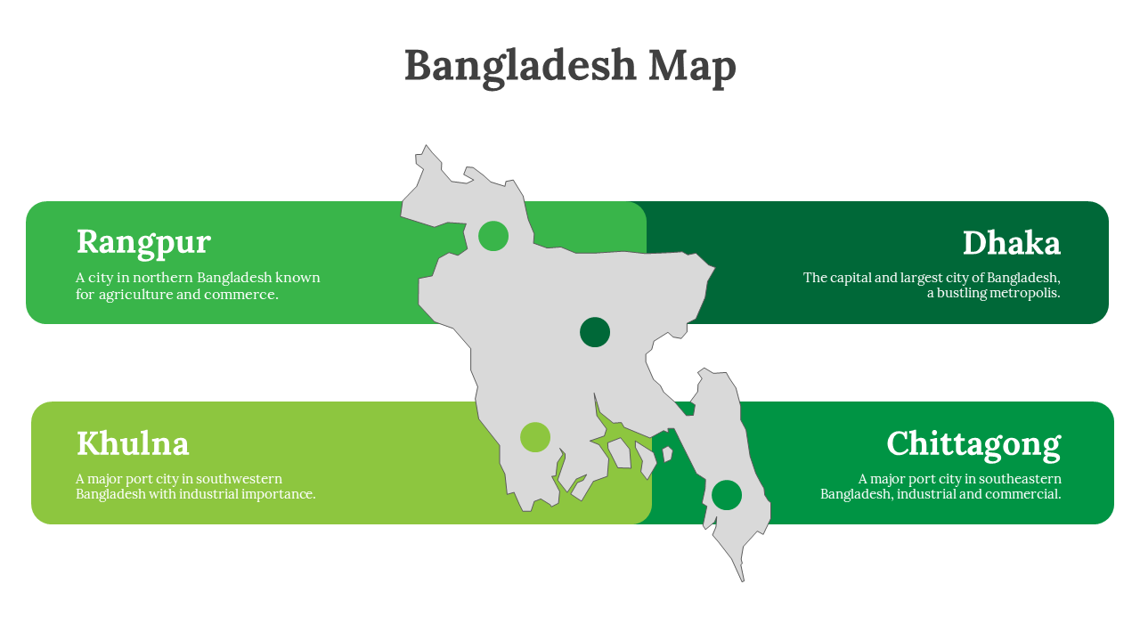 Bangladesh map in gray with four green regions, each marked with a circle, paired with a label and brief description.