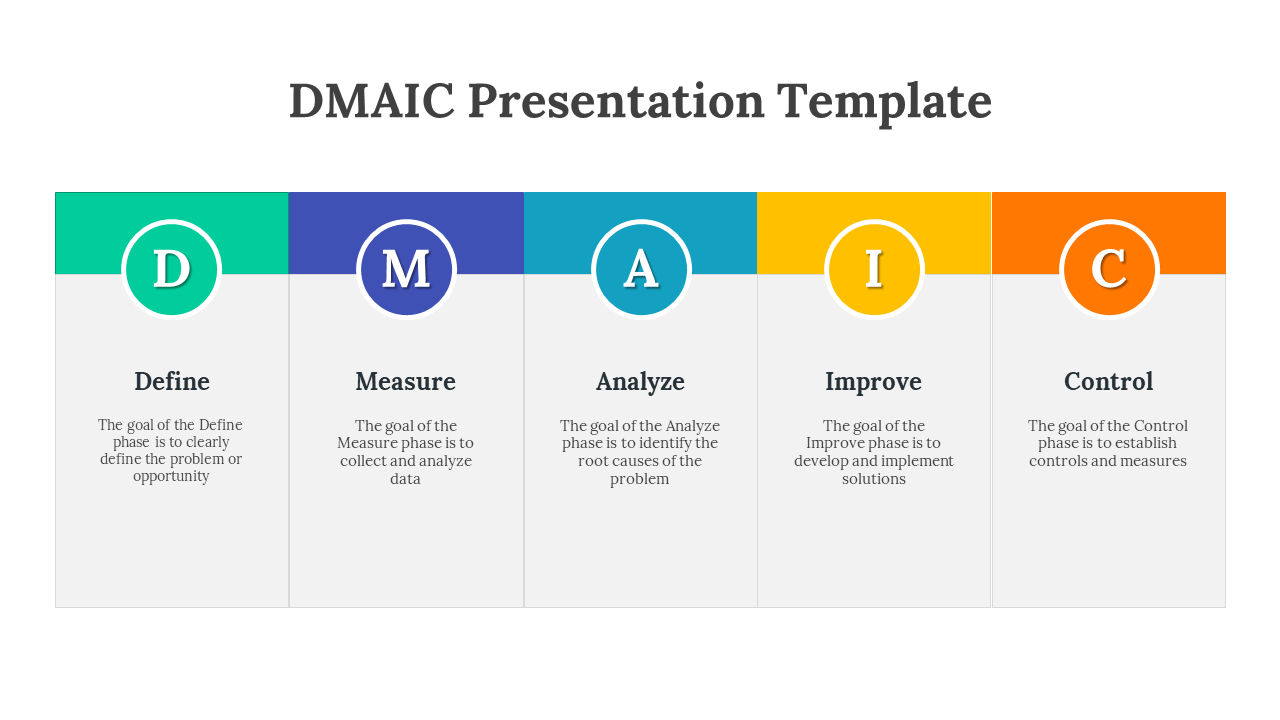Slide displays five vertical rectangles in green, blue, teal, yellow, and orange with circles and text under each.