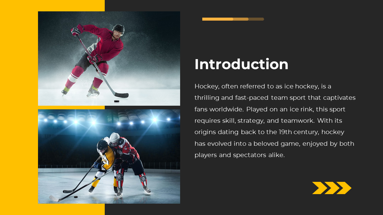 Dark and yellow layout with two stacked ice hockey images on left and introduction text on the right.