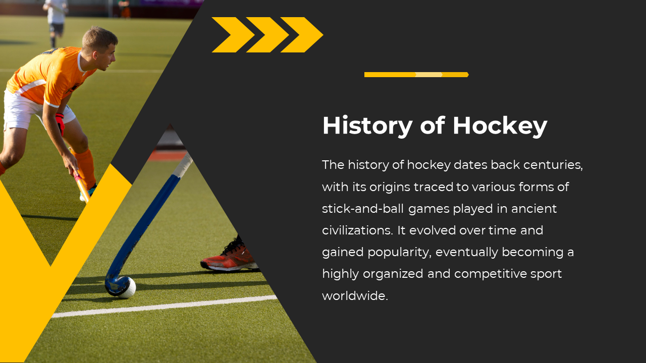 Slide shows text on hockey history beside two angular photo collage of players and a close up of a stick with a ball on turf.