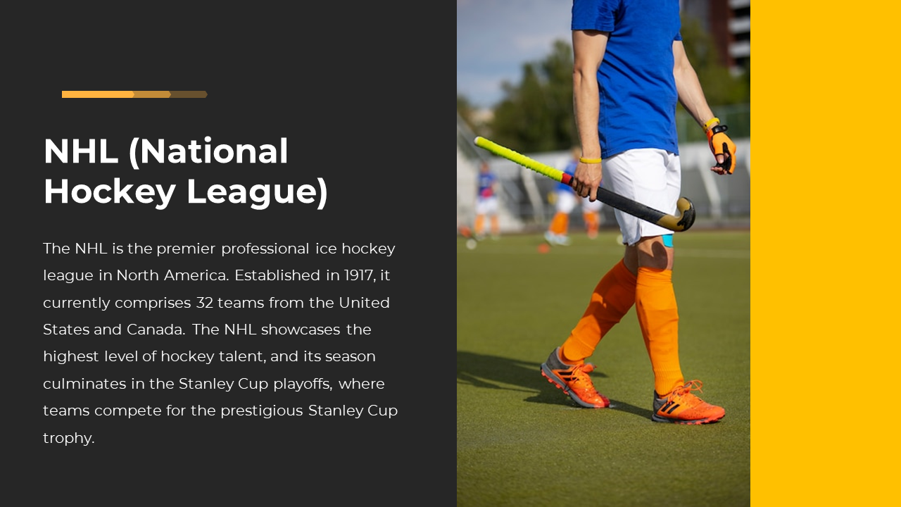 Black and yellow layout with text on left and full body image of field hockey player in blue and orange on right.