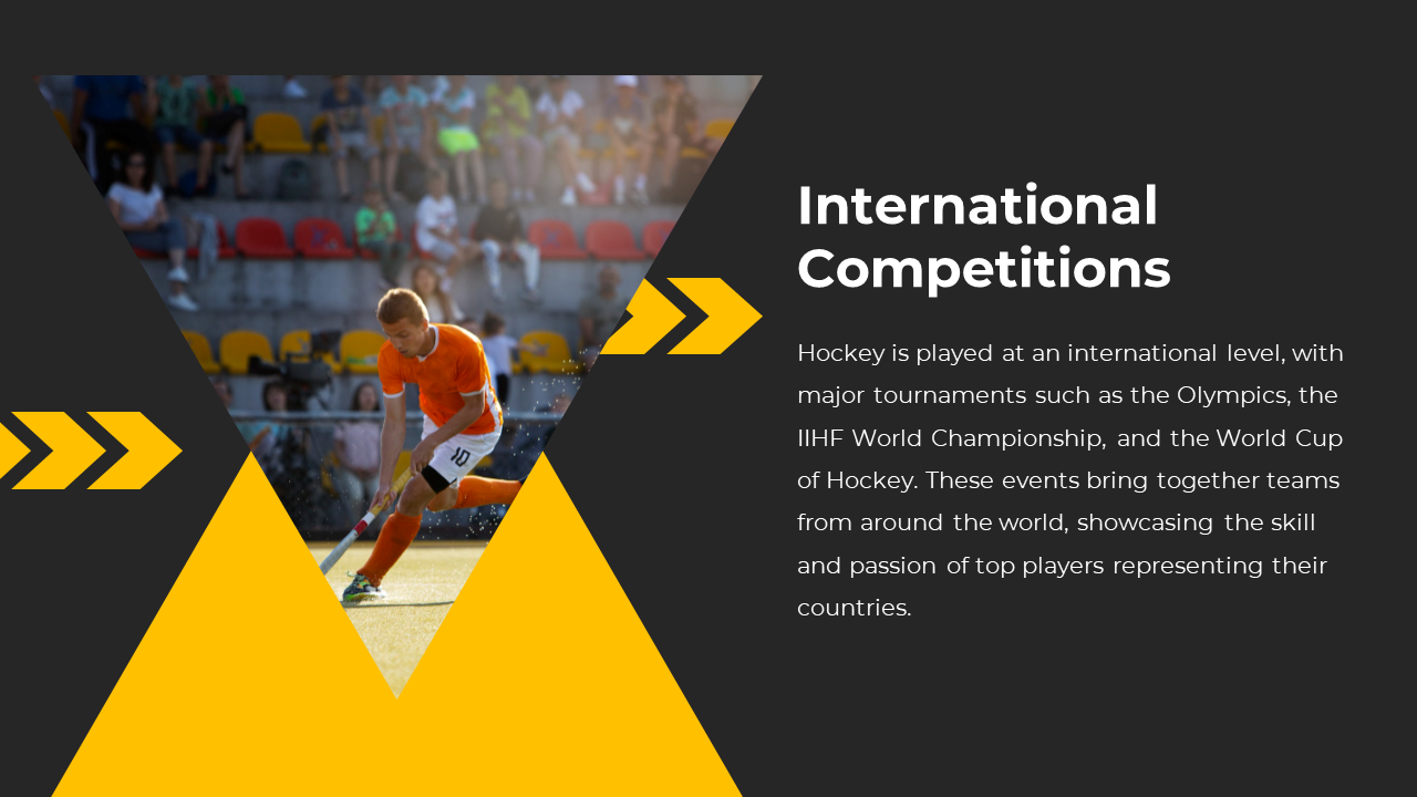 Triangle framed photo of a field hockey player on left with yellow shape and bold text on a black right panel.