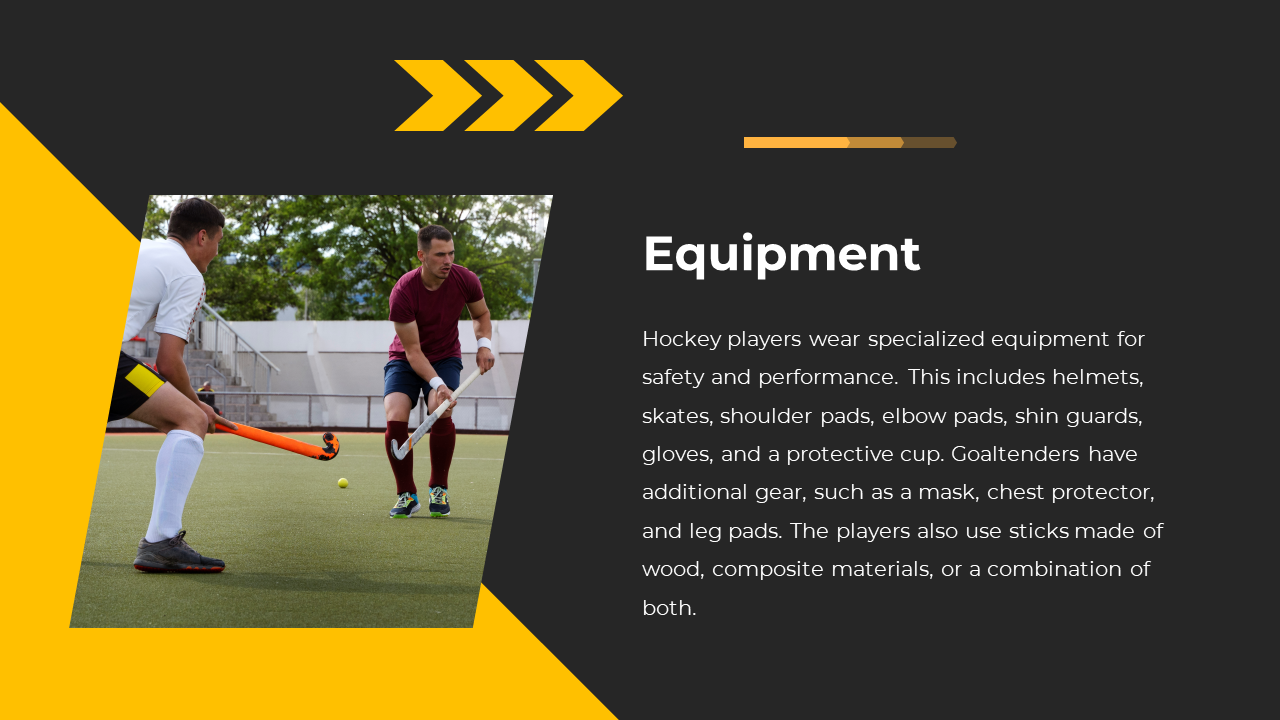 Dark and yellow layout with a photo of two players in action on the left and text on the right.
