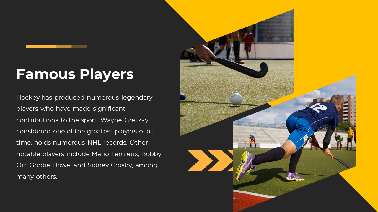 Black and yellow slide with text on left and two angled photos of hockey action scenes on the right.