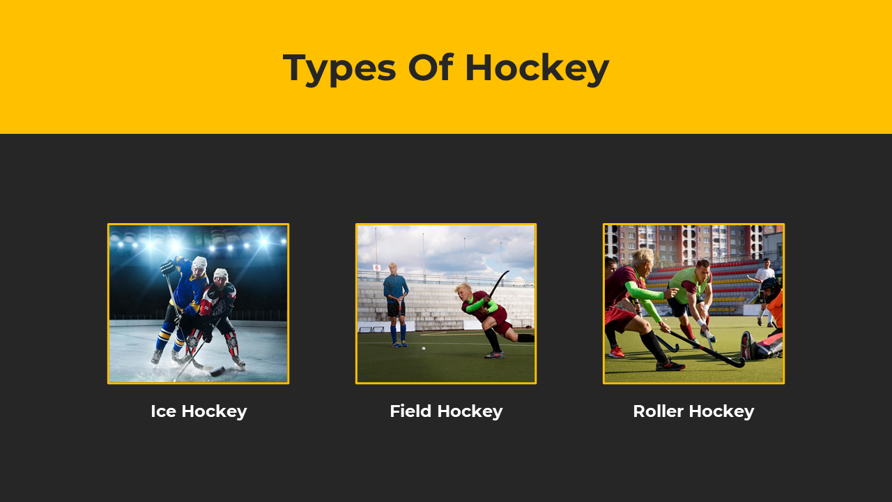 Horizontal layout with three images of ice, field, and roller hockey players under a yellow header on black background.