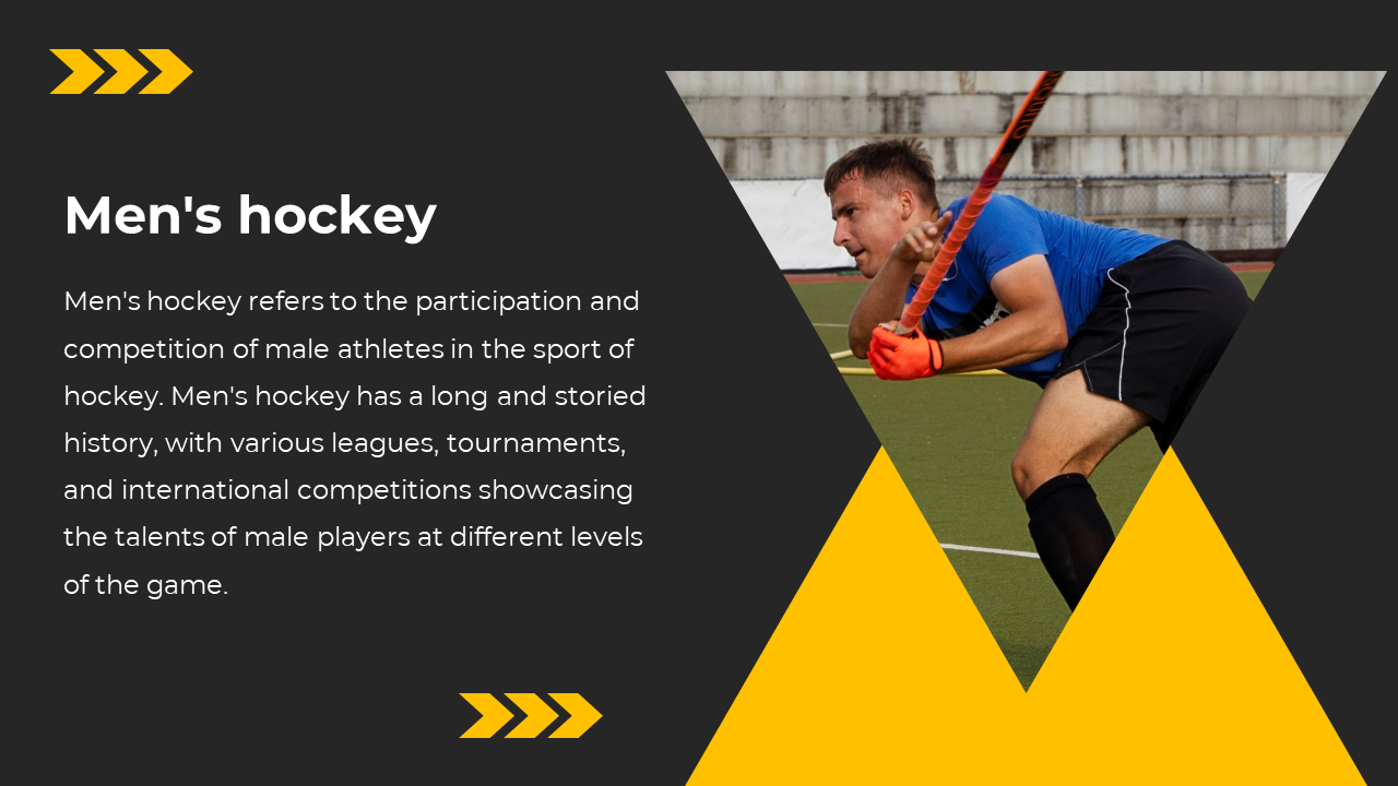 Black and yellow design with text on left and an angled image of a male hockey player in blue shirt on right.