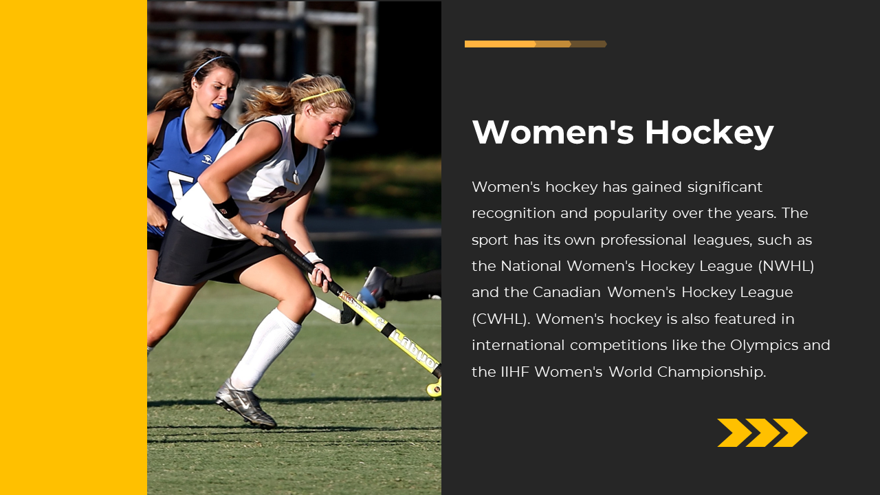 Yellow side panel shows two women playing field hockey on left, with black panel and text on the right.