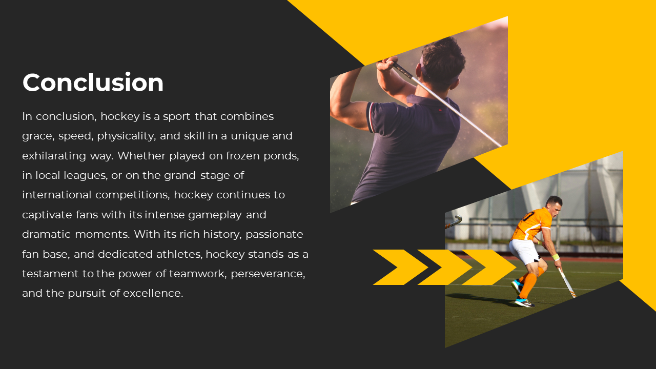 Split layout with text on left and two angled hockey player photos on yellow and black geometric background on right.
