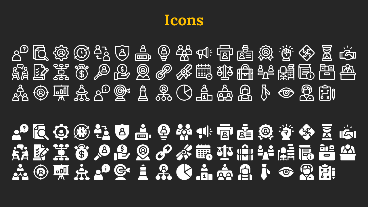 Two sets of white business themed icons in outlined and filled styles, beneath a yellow title on a dark background.