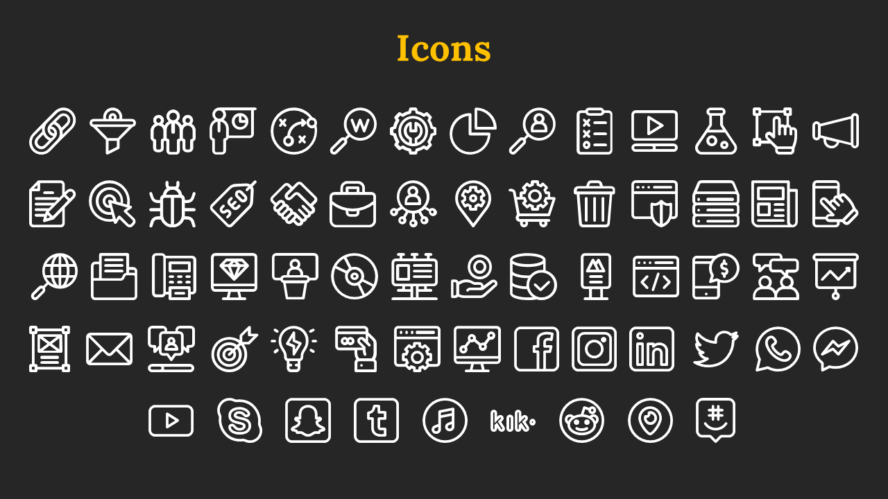 Slide with bold yellow title above five rows of outlined white icons on a dark background, all evenly spaced.
