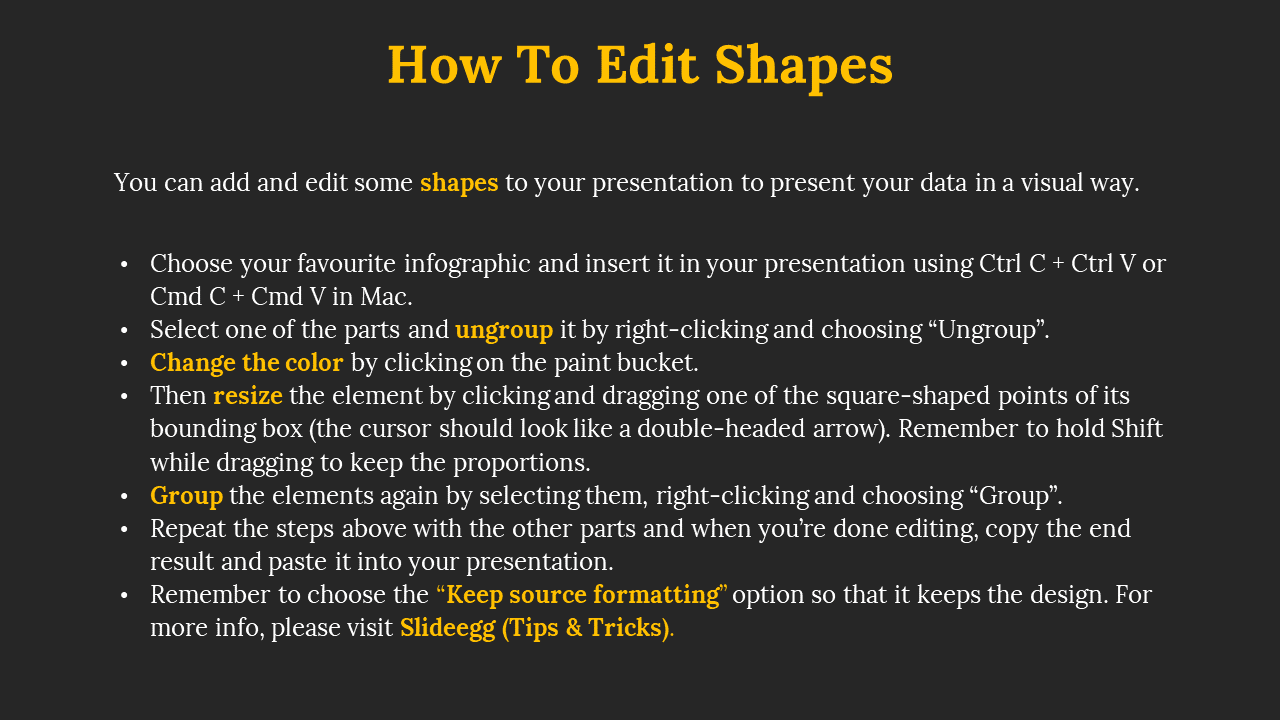 Black layout with bold yellow title, left aligned white body text and bullets detailing steps in editing shapes.