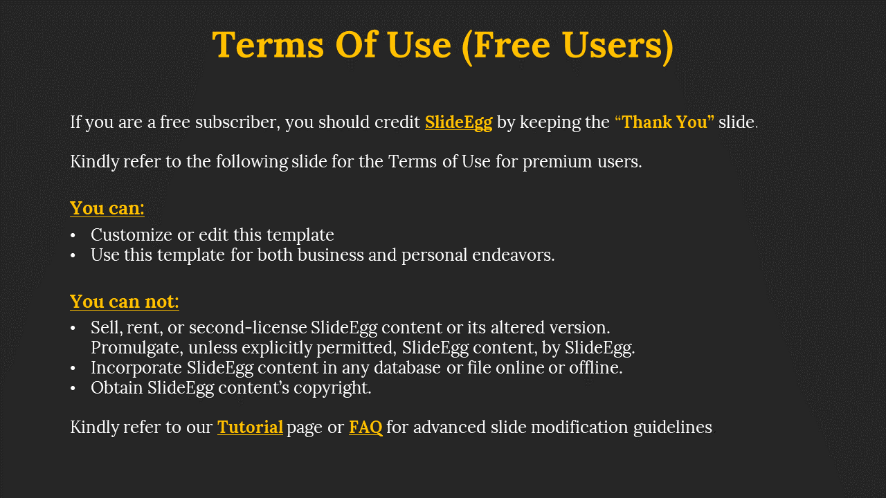 Bold yellow title on dark background, followed by white bullet points grouped under two section headings.