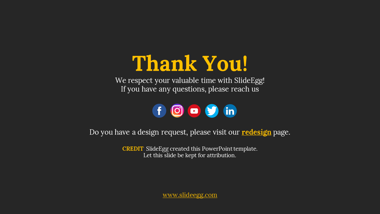 Thank you slide on a dark background with bright yellow and white text, featuring round social media icons in a row.