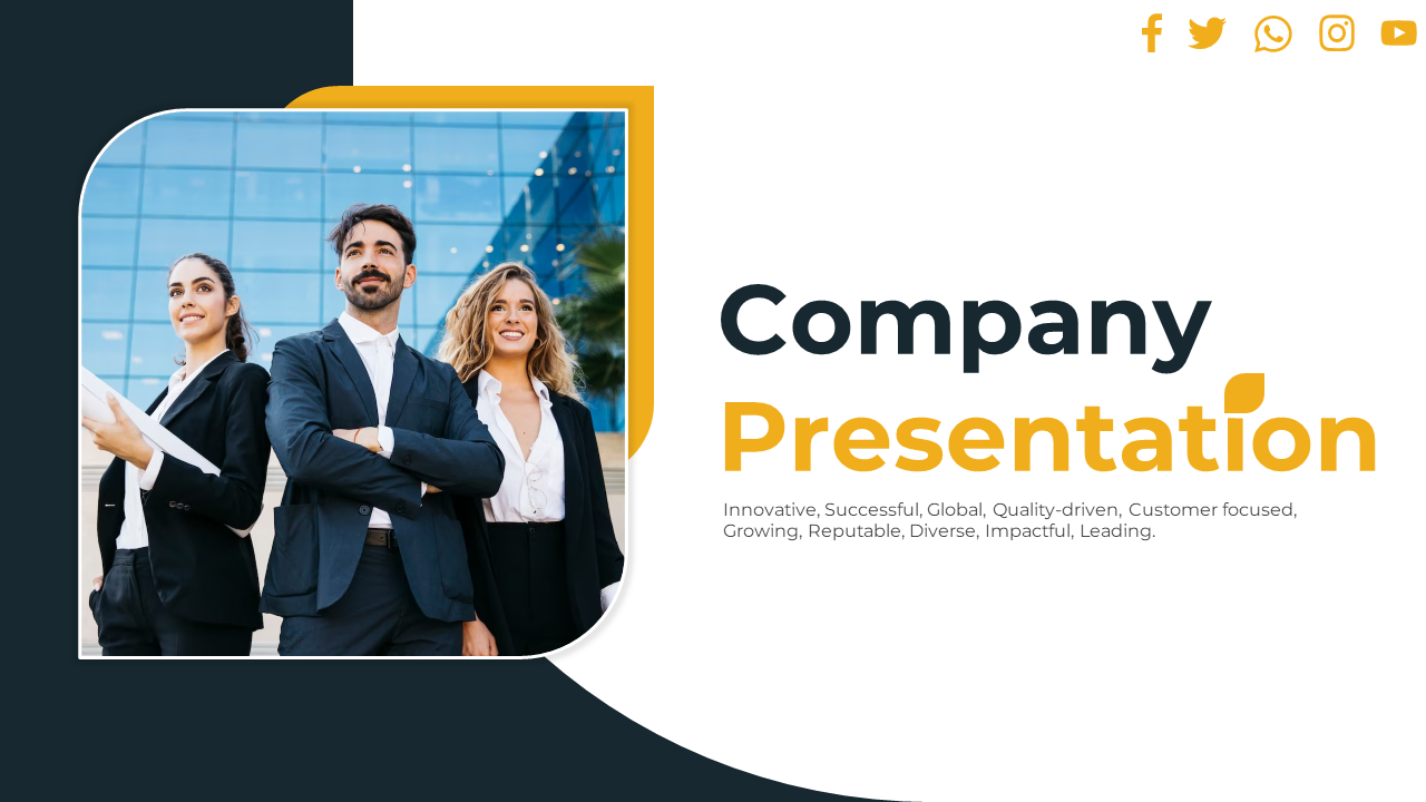 Company presentation slide with a smiling business team and key values such as impactful, diverse, and bold text.
