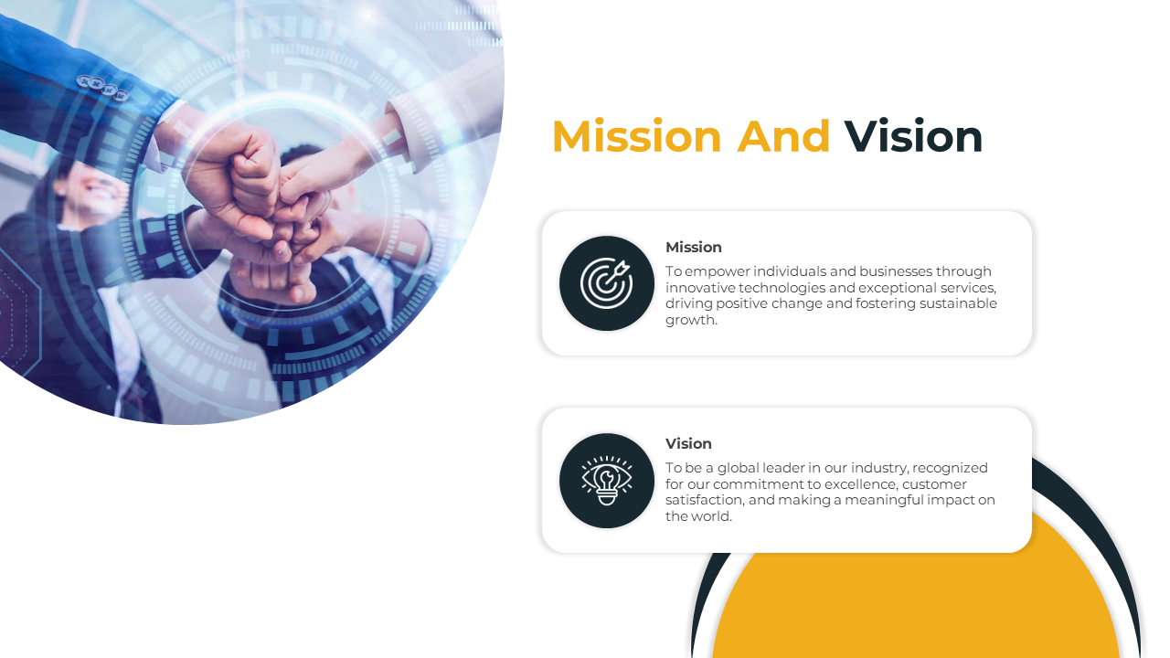 Business teams join hands in collaboration to symbolize unity and shared values, with mission and vision text beside.