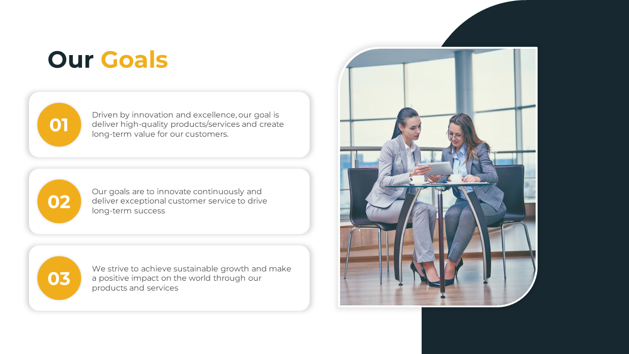 Two businesswomen discussing goals and strategy in a meeting room, with goals outlined beside.