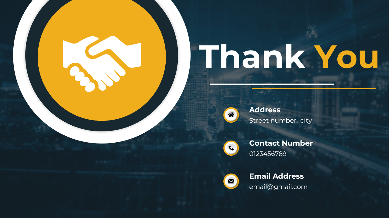 A thank you slide with a handshake icon, featuring contact information including address, phone number, and email.
