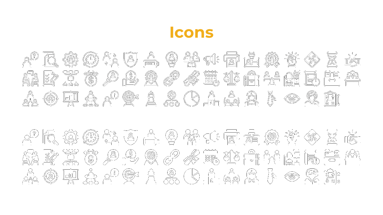 A set of black and white business icons including gears, people, tasks, charts, and communication symbols on a white theme.