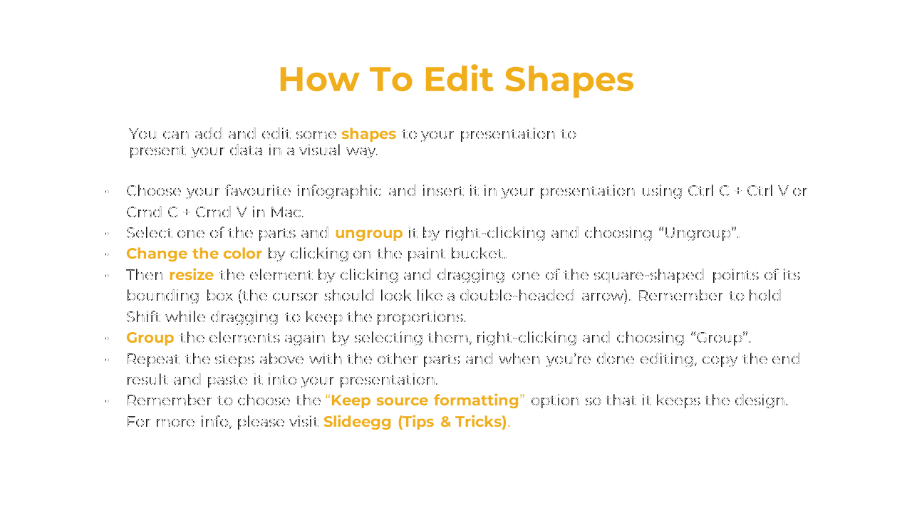 Slide guide showing steps to edit infographic shapes in PPT, including ungrouping, resizing, changing color, and grouping.