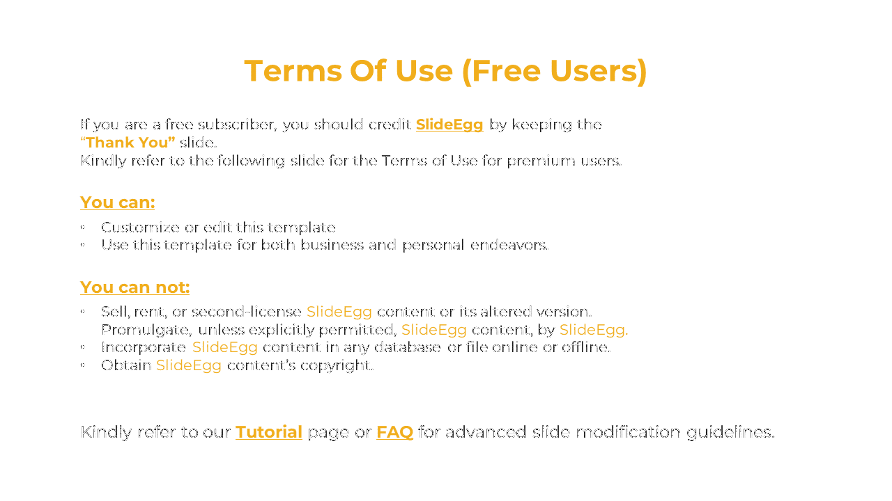 A slide displaying the terms for free users, explaining allowed customizations and restrictions for SlideEgg template usage.