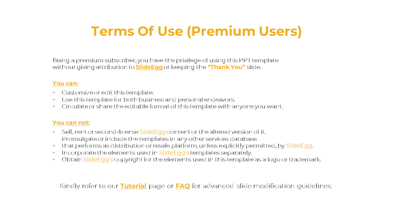 Slide outlining terms for premium users, detailing the rights to use SlideEgg content, such as customization and sharing.