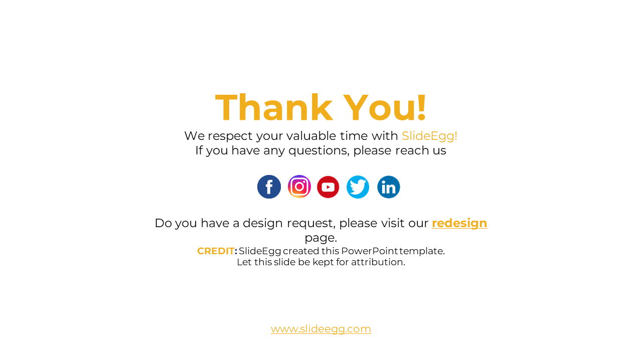 Thank you slide from SlideEgg with social media icons and a redesign link for design requests on a white backdrop.