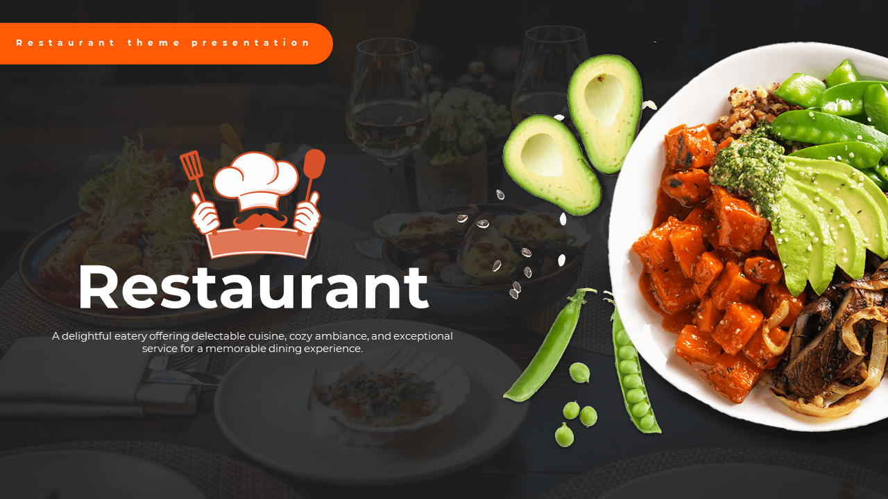 Slide shows a dark layout with an orange label, cartoon chef icon, and a white bowl of vibrant food on the right.