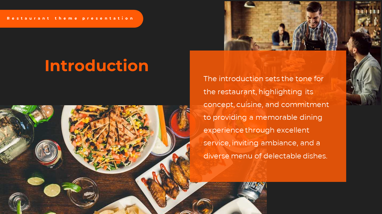 Split layout with an orange text block over a dining photo on the right, and a food platter and drinks scene on left.