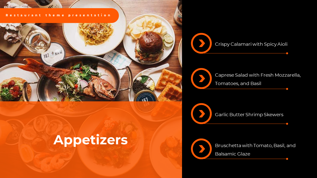 Slide with an overhead dish photo with an orange bar overlay, and right black background with four circular icons and text.