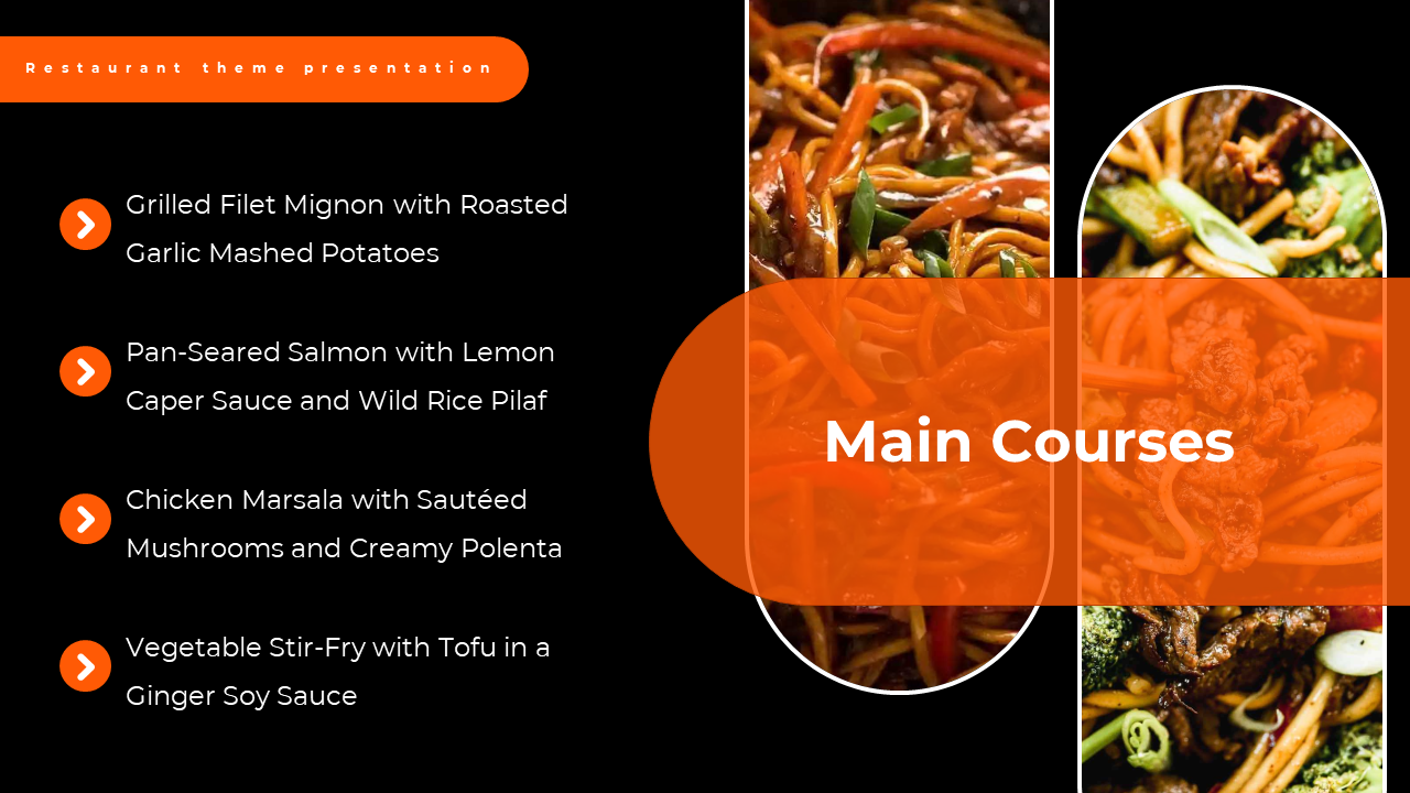 Black layout with bullets listing dishes on the left and a circular orange overlay on two food photos in a white border arc.