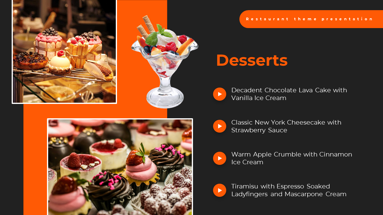 Dessert images on an orange and black split layout with a sundae in the center and four bullet points on the right.