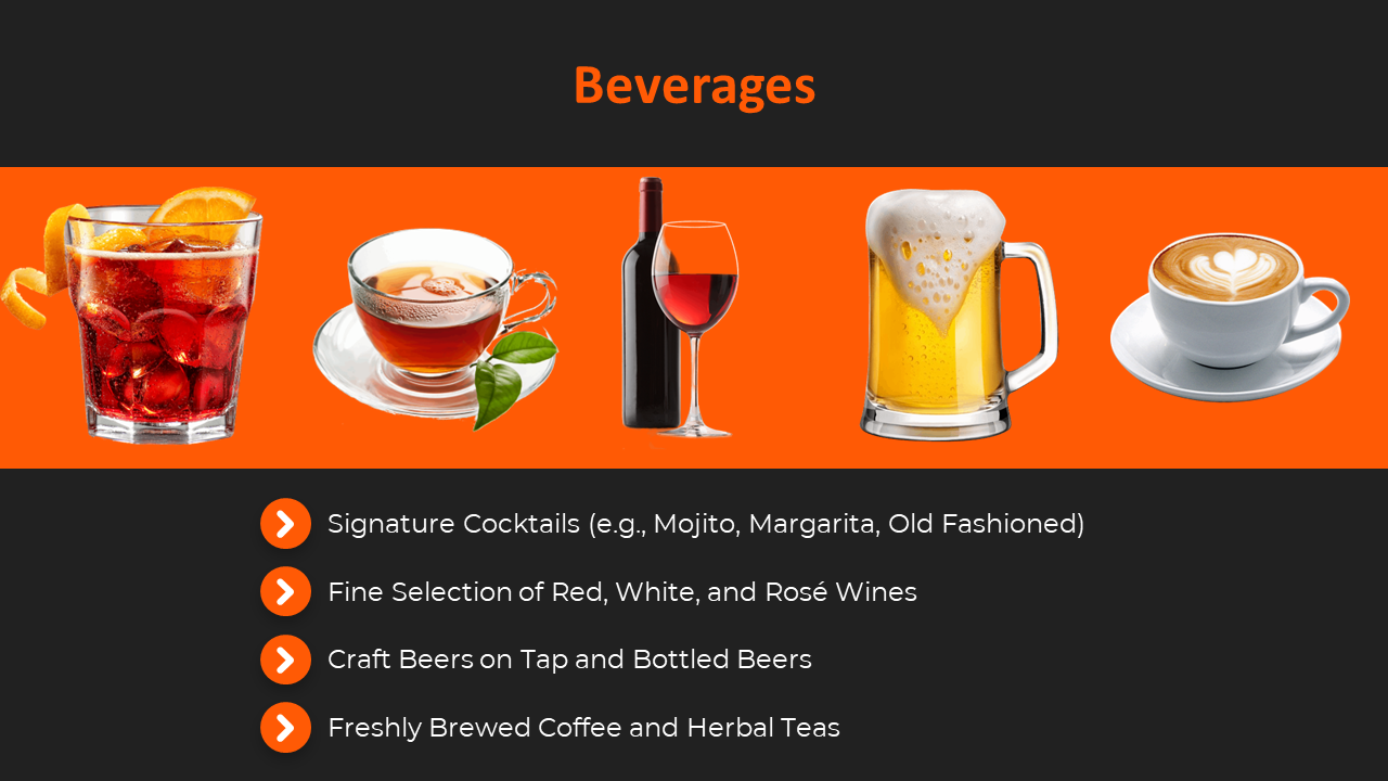 Slide shows five beverage illustrations in a row over an orange band, with black background and bullet list below.