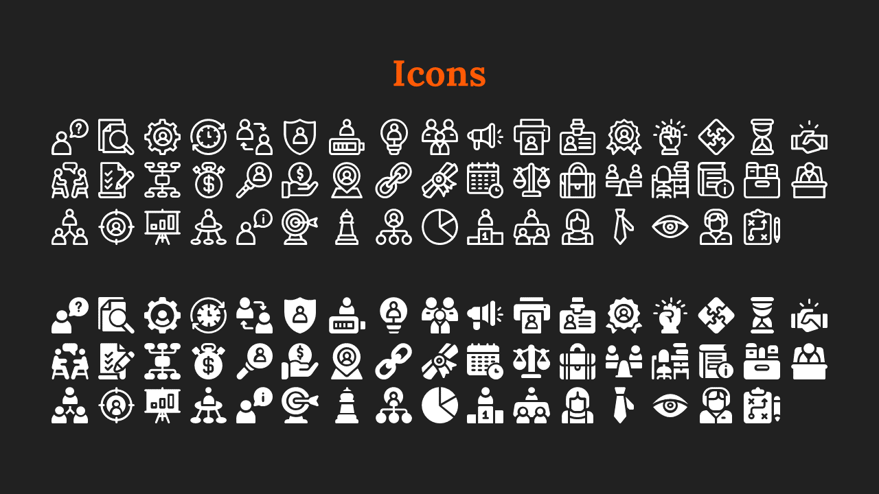 Black layout featuring a top row of outlined and a bottom row of filled icons under an orange heading.