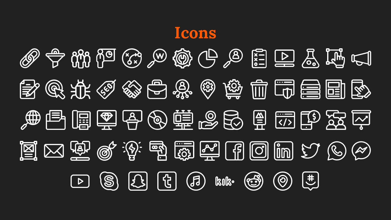 Slide with orange title above five rows of outlined white icons on a black background, all evenly spaced.