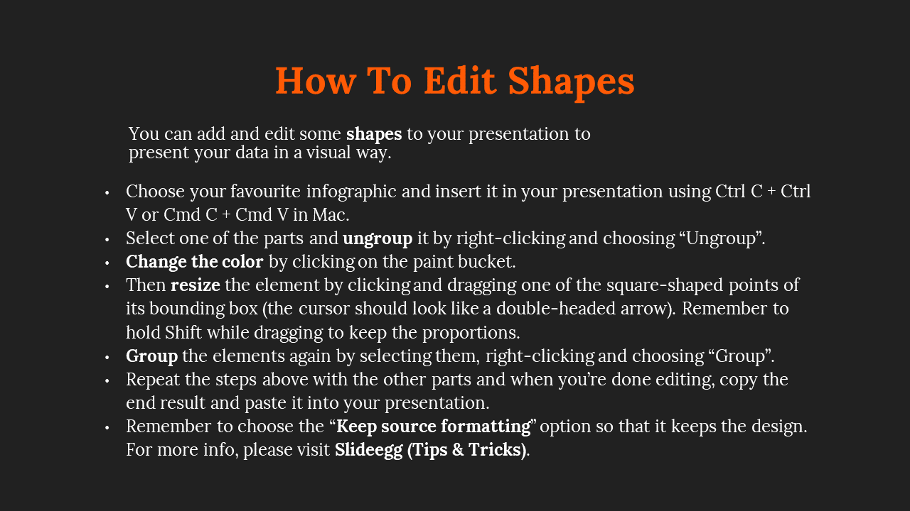 Black layout with bold orange title, left aligned white body text and bullets detailing steps in editing shapes.
