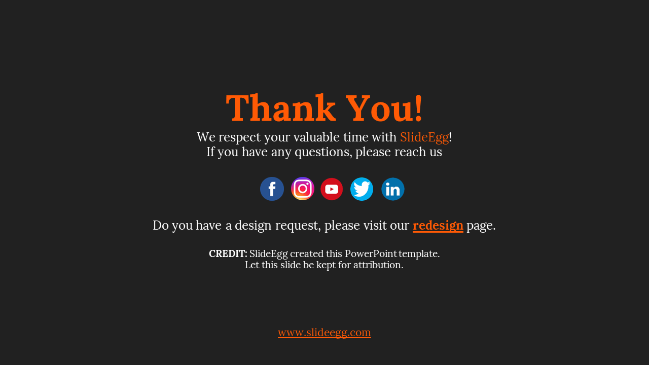 Slide on dark background with orange and white text and five circular social media icons centered in the layout.