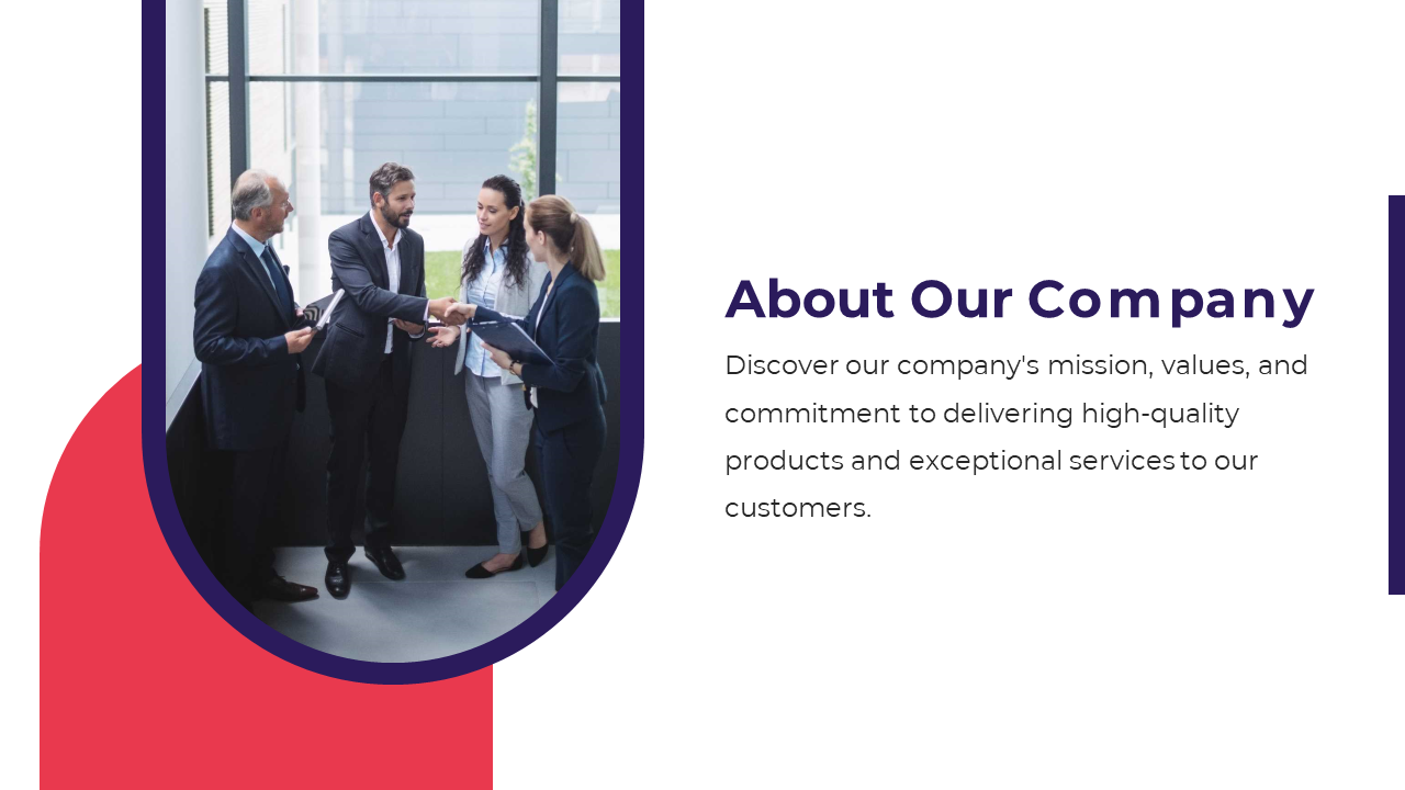 Company presentation slide features team discussion with the title and a description of mission and values on a white theme.