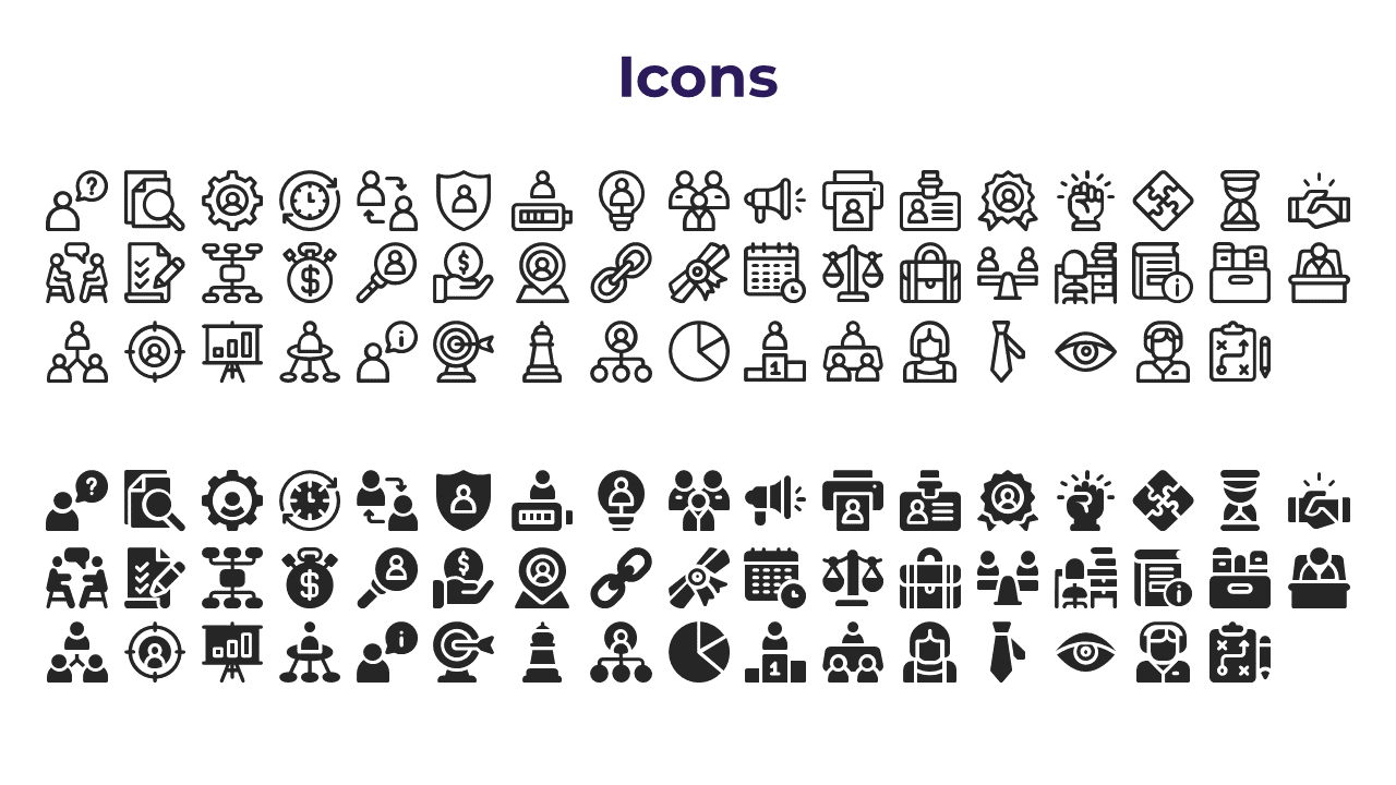 A collection of various black icons representing business, teamwork, finance, and analytics, categorized into two rows.