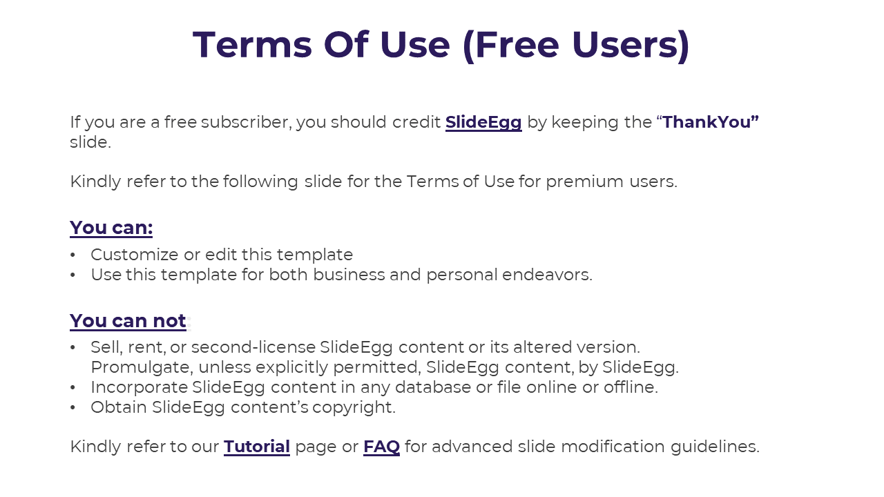Terms of use for free users, including instructions to credit SlideEgg by keeping the slide and guidelines for customization.