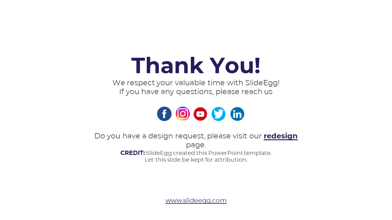 Thank you slide from SlideEgg, featuring social media icons and contact information for design requests on a white backdrop.