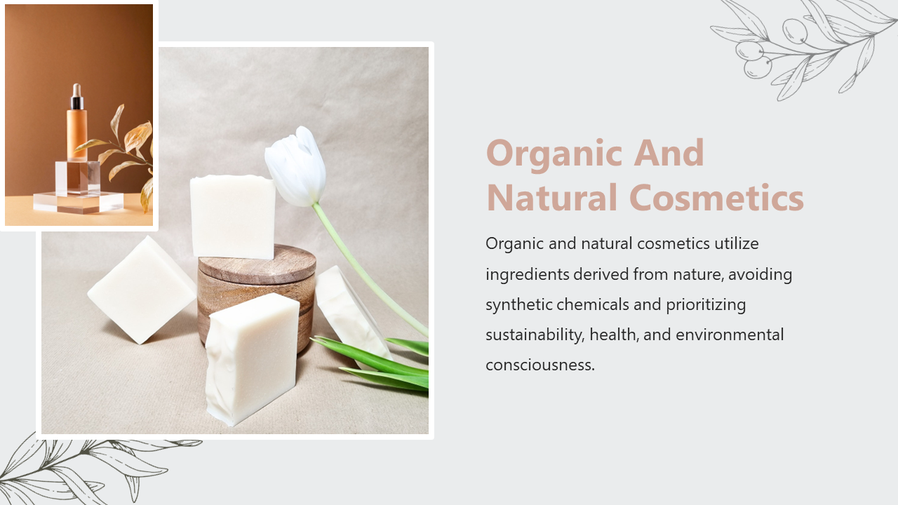 Slide shows white soap bars with a white tulip, and an inset of amber serum bottle on clear blocks and brown background.